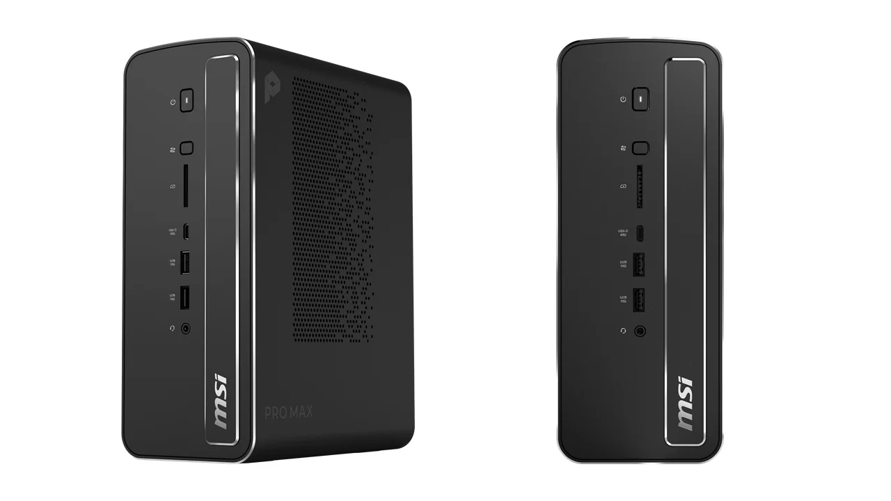PRO MAX EDGE AI+ 11M-008JPの黒い小型筐体を斜めと正面から見た外観