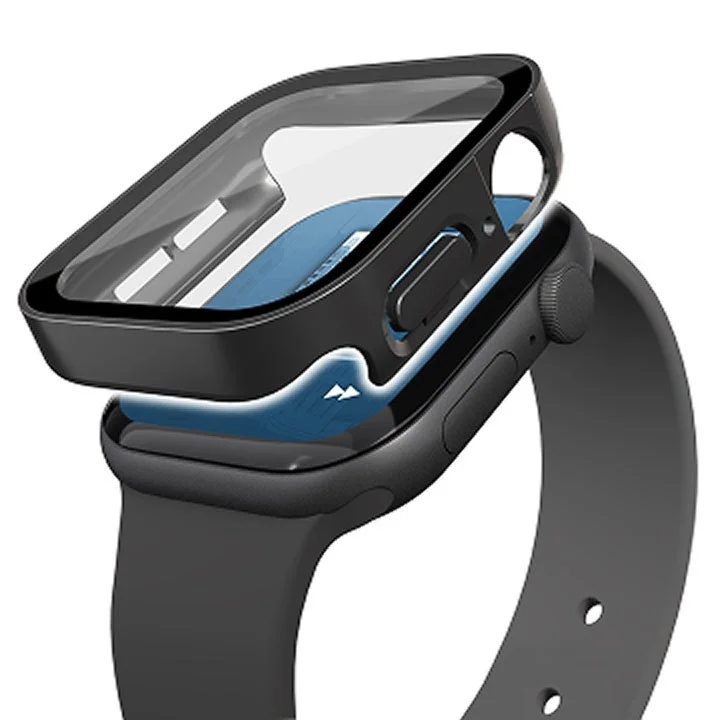 Apple Watchに装着する黒い高透明強化ガラスのフルカバーケース