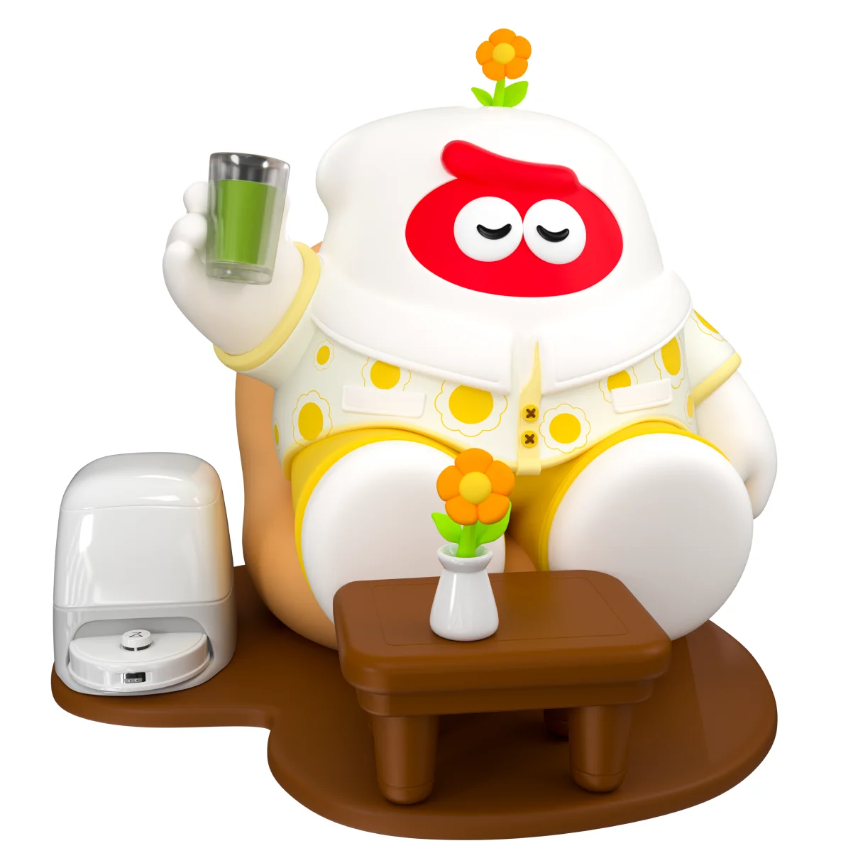 ランダムフィギュア。ジュースを掲げ、ロボット掃除機と小さな花瓶の机が並ぶ