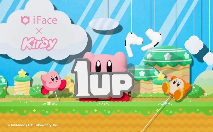 iFace×星のカービィの告知ビジュアル。1UPとカービィ、AirPods