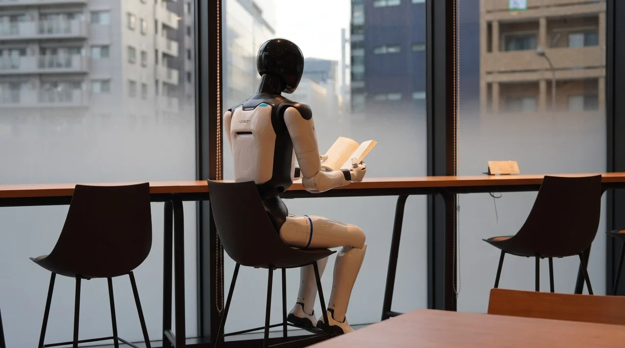 東京ブイヤベース食堂/タニタカフェ八丁堀店で窓際席に座り本を読むACE