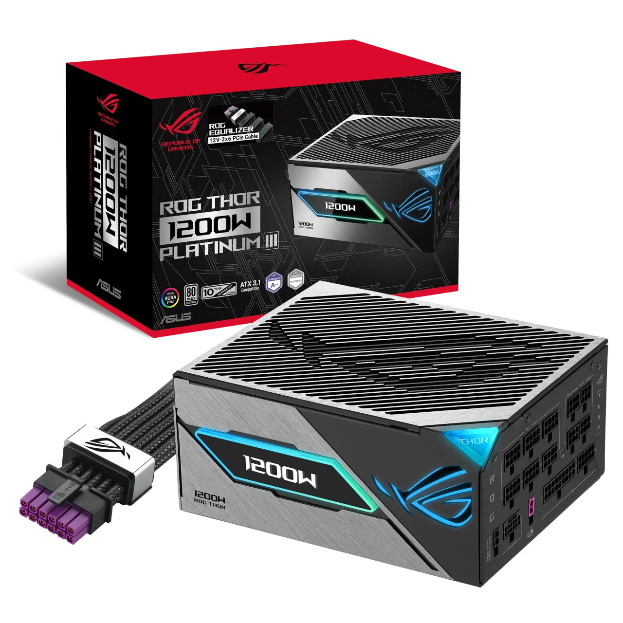 ROG Thor 1200W Platinum IIIの製品箱と電源ユニット、ケーブル