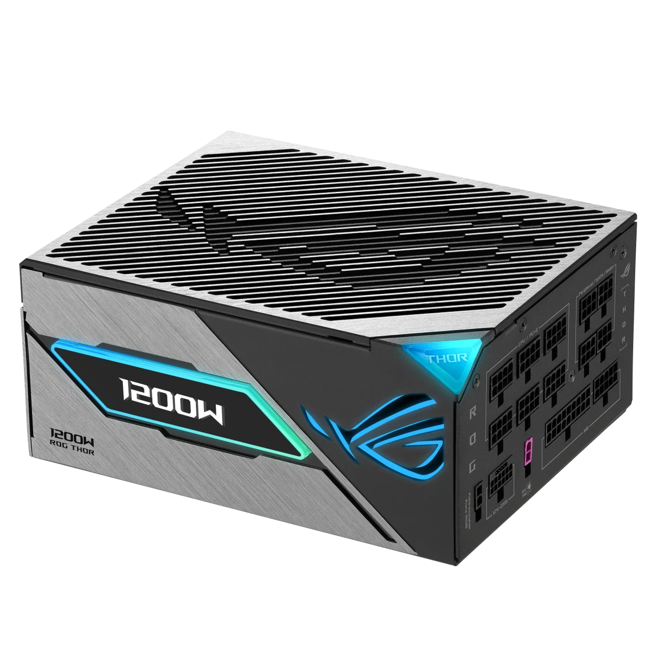 ROG-THOR-1200P3-GAMING-E 電源ユニット、1200W表示のある斜め外観