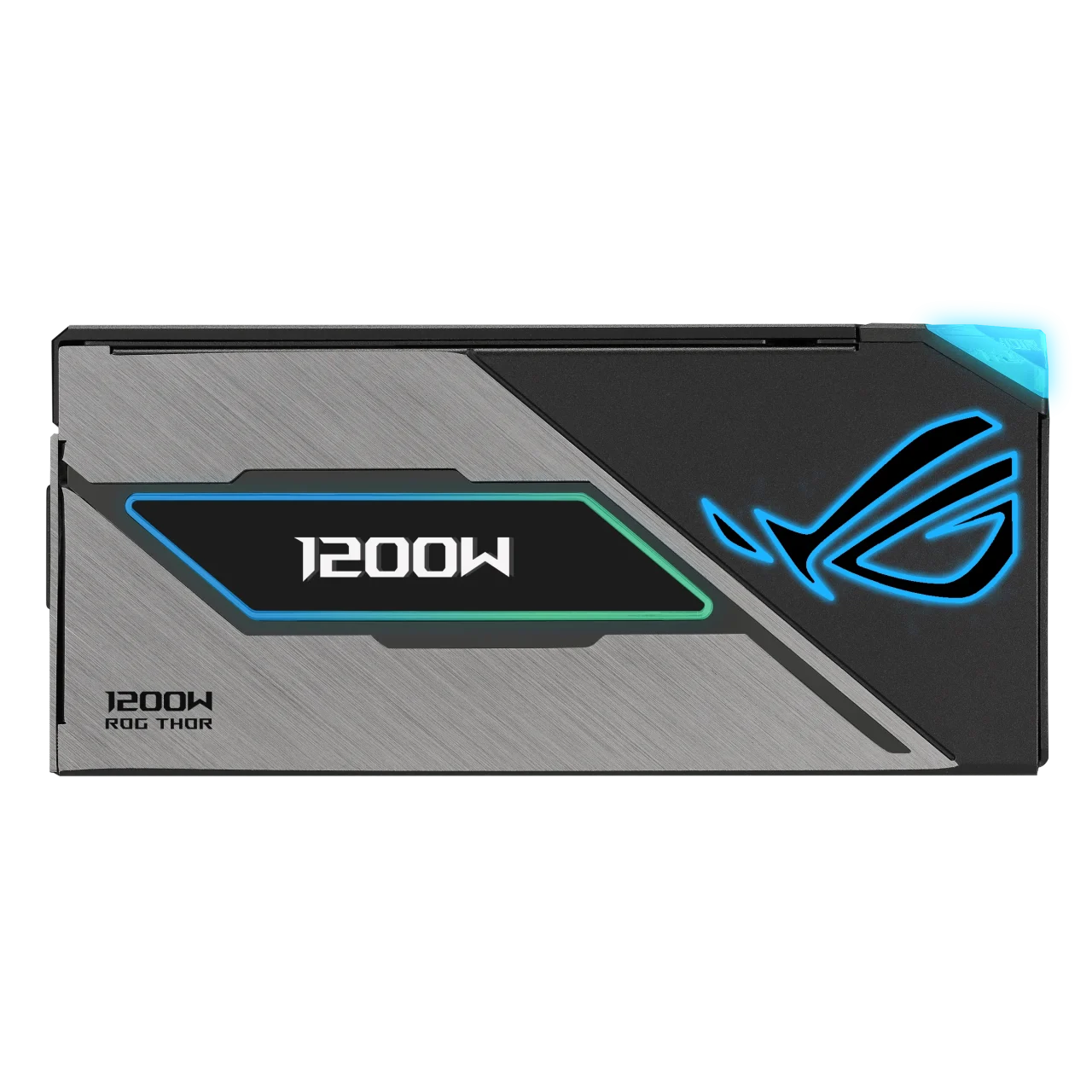 ROG-THOR-1200P3-GAMING-Eの側面。1200W表示と青く光るROGロゴ
