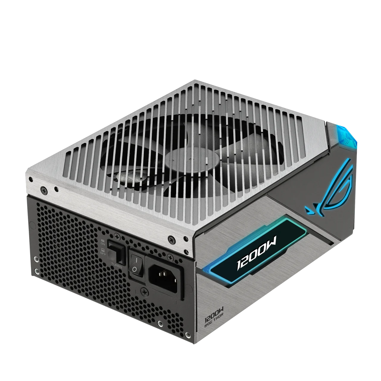 1200W表示のOLEDとROGロゴ、上面に大型ファンを備えたシルバーの電源ユニット