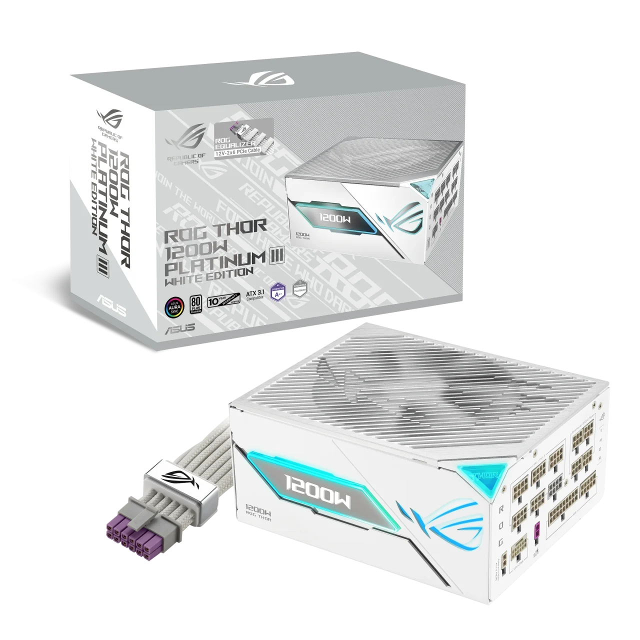 ROG-THOR-1200P3-WHITE-GAMING-Eのホワイト電源ユニットと製品パッケージ