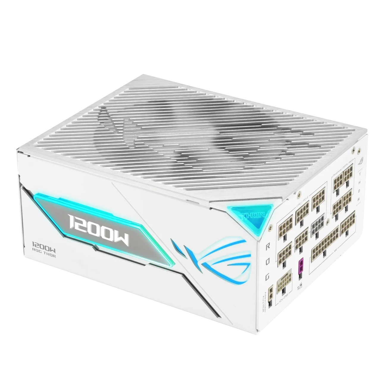 ROG-THOR-1200P3-WHITE-GAMING-Eの白い電源ユニット、水色発光の1200W表示