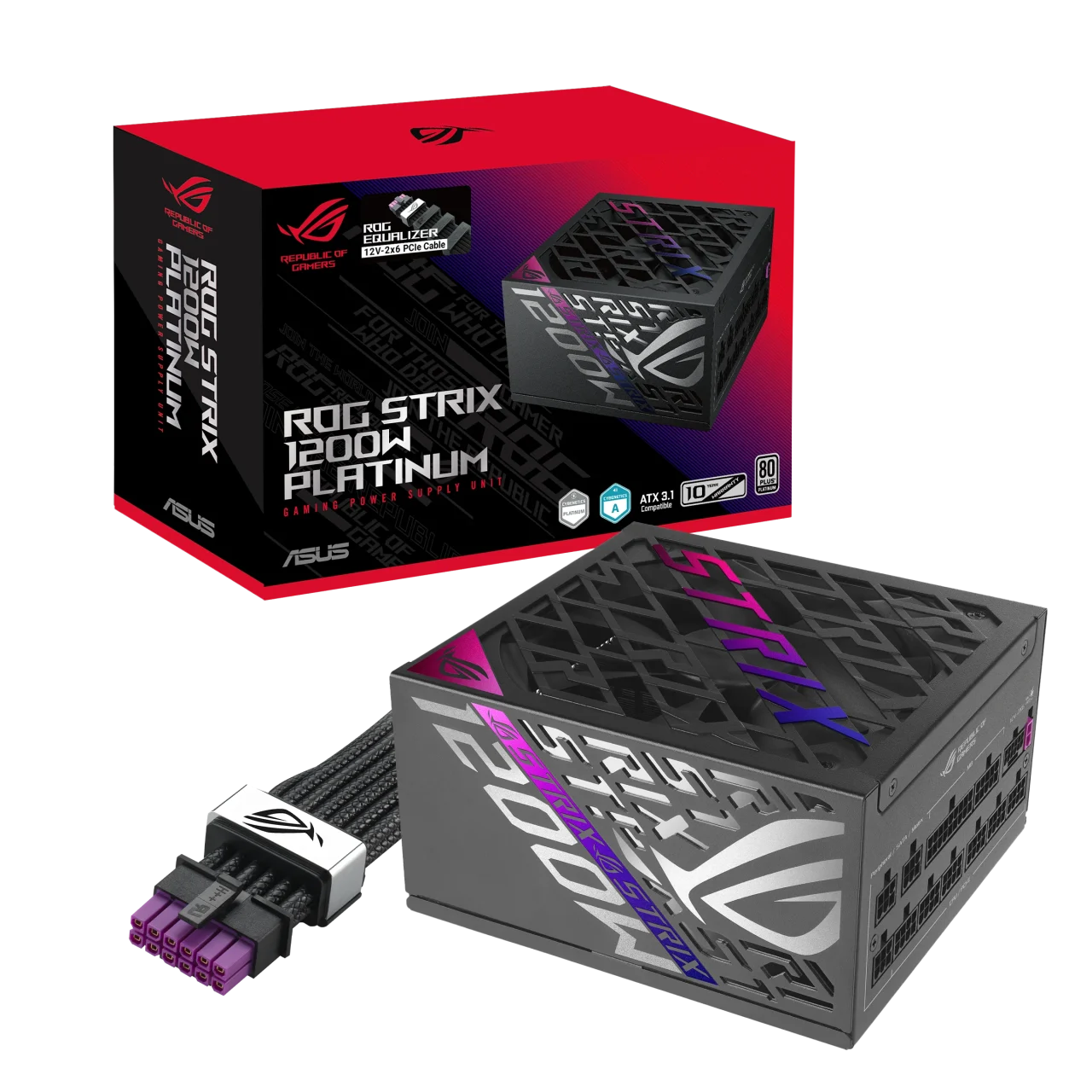 ROG Strix 1200W Platinum電源ユニットと製品パッケージ、黒いケーブル