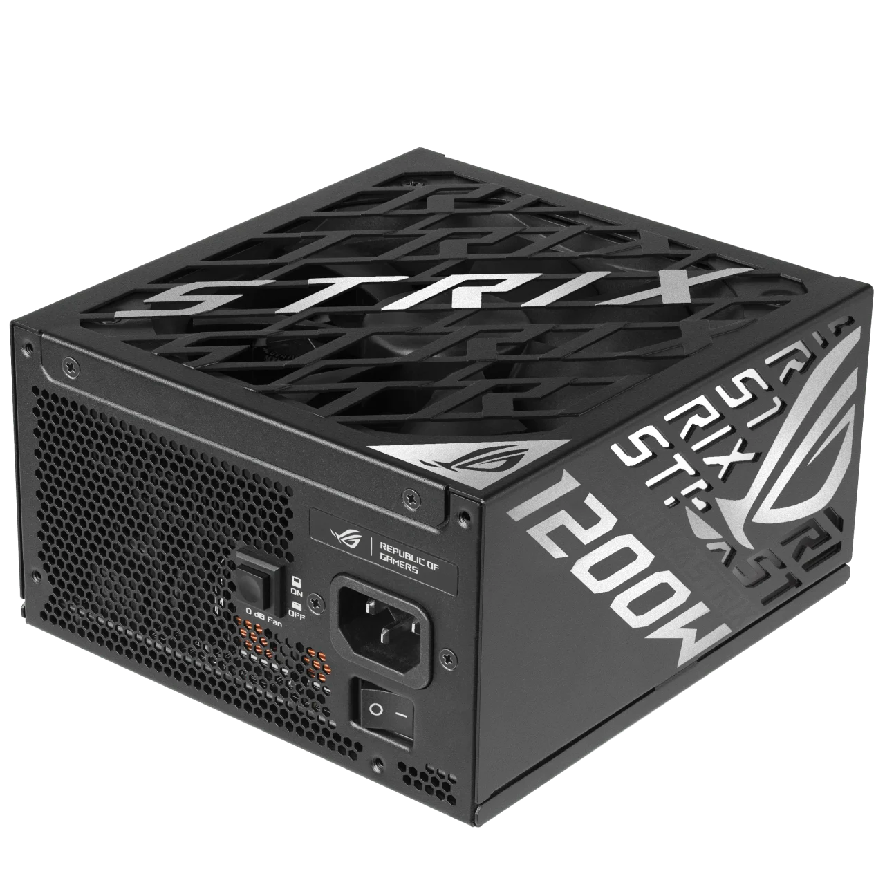 ROG-STRIX-1200P-GAMING-E 電源ユニット。黒い筐体にSTRIXと1200Wの文字