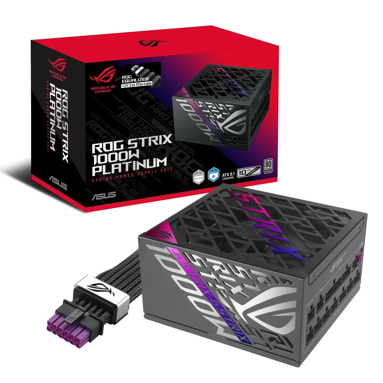 ROG-STRIX-1000P-GAMING-Eの製品箱と黒い電源ユニット本体、ケーブル