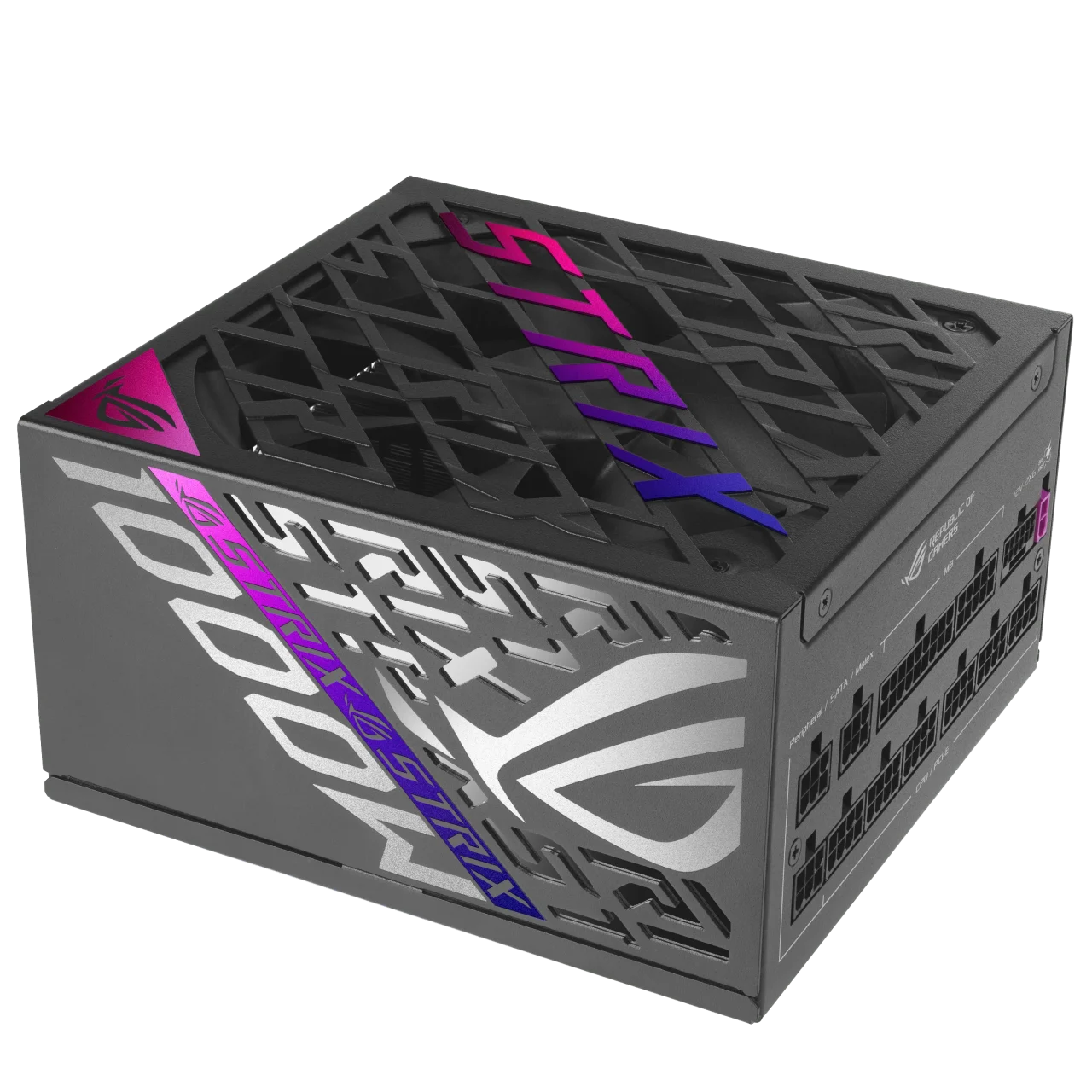 ROG-STRIX-1000P-GAMING-Eの黒い電源ユニット。STRIXロゴと1000W表記