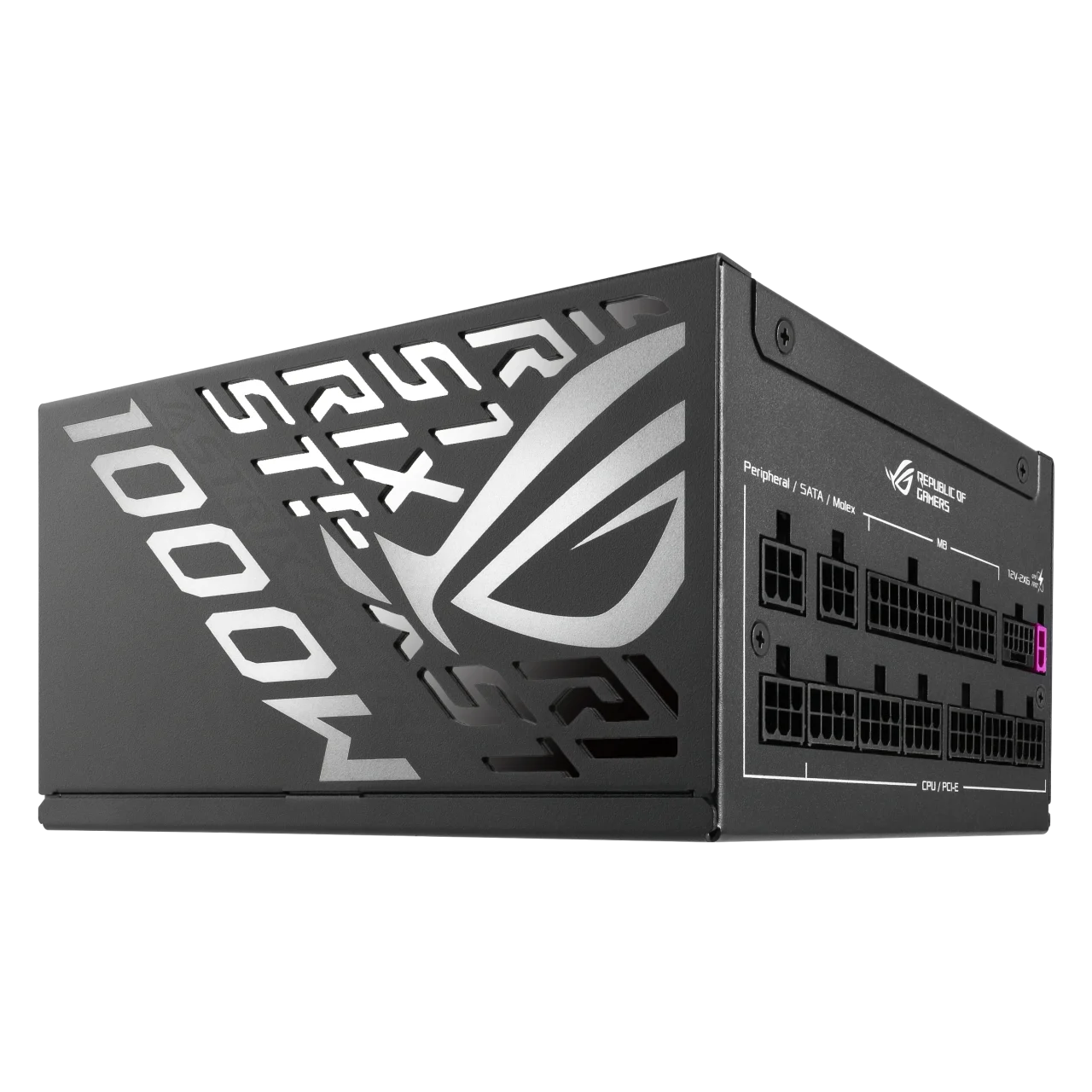 ROG-STRIX-1000P-GAMING-Eの黒い電源ユニット、側面にSTRIX 1000W