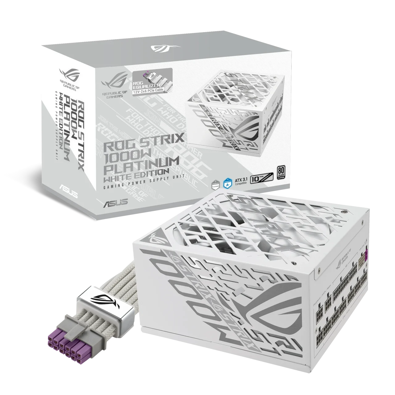 ROG-STRIX-1000P-GAMING-WHITE-E のホワイト電源ユニットと製品パッケージ