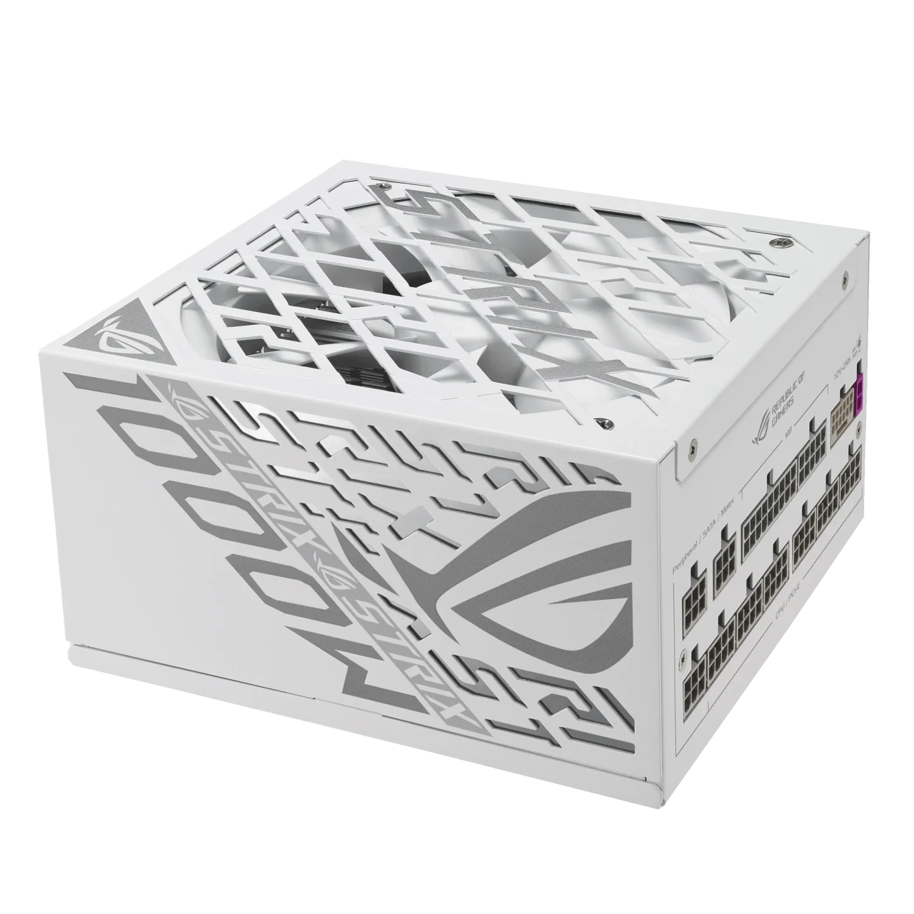 ROG-STRIX-1000P-GAMING-WHITE-E 白い電源ユニットの斜め外観