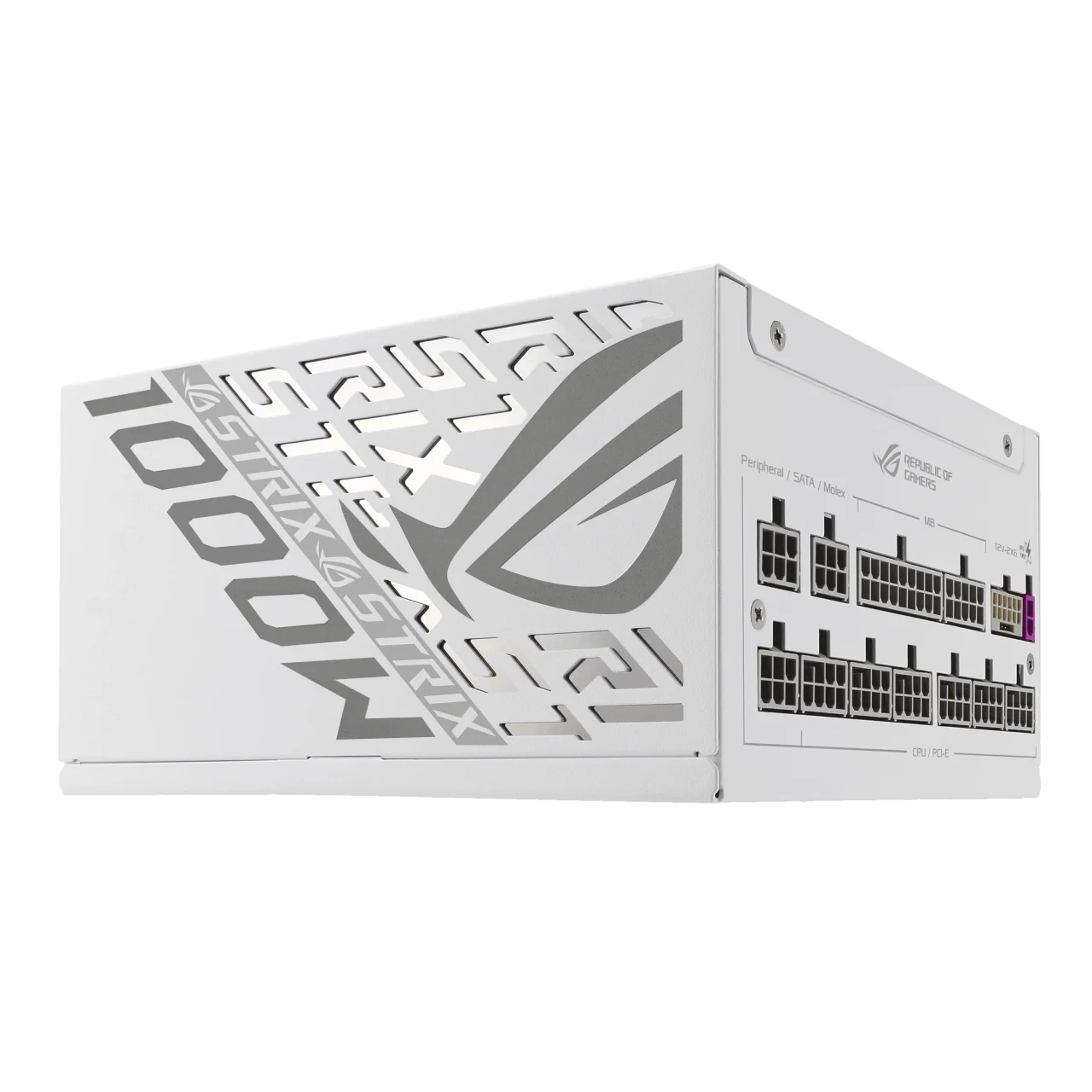 ROG-STRIX-1000P-GAMING-WHITE-Eの白い電源ユニット、側面にSTRIX 1000W