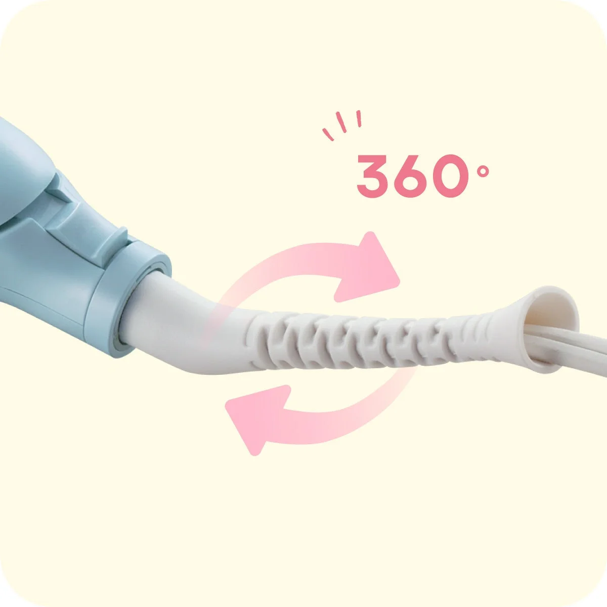 360°回転コード。水色の本体とコード接続部に回転を示すピンクの矢印