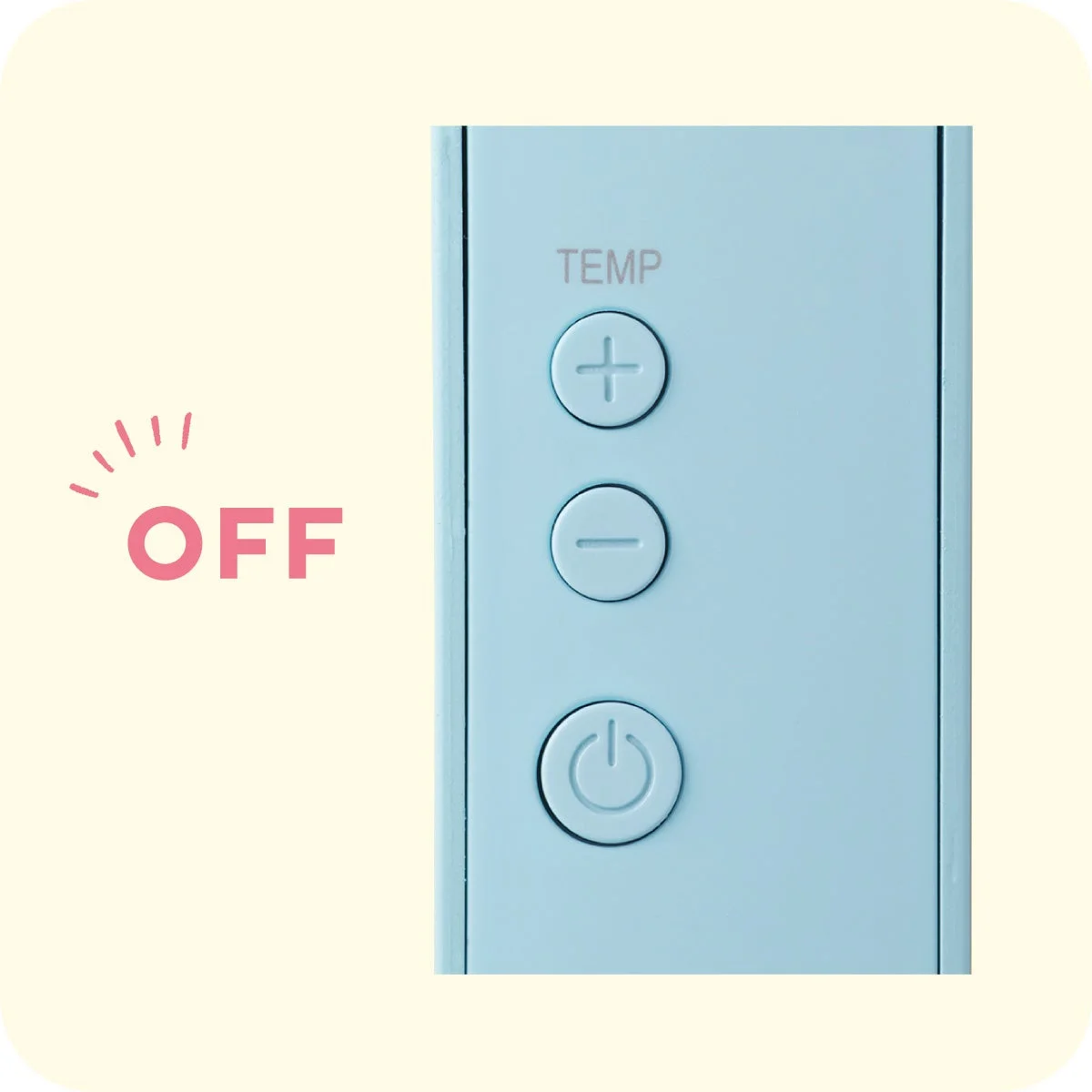 自動電源OFFを示す、TEMPの+-ボタンと電源ボタンがある水色の本体