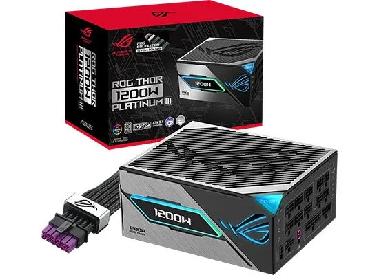 ROG-THOR-1200P3-GAMING-Eの製品箱と1200W表示の電源ユニット