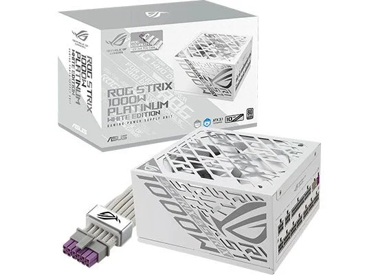 ROG-STRIX-1000P-GAMING-WHITE-Eの白い電源ユニットと製品パッケージ
