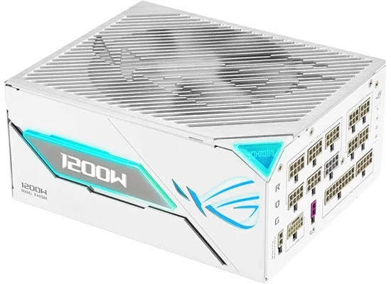 ROG-THOR-1200P3-WHITE-GAMING-E 白いATX電源、1200W表示と青緑の発光部