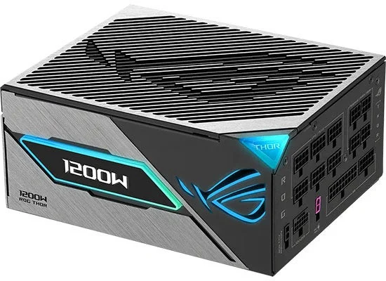 ROG-THOR-1200P3-GAMING-E の電源ユニット。1200W表示のOLED部とROGロゴ