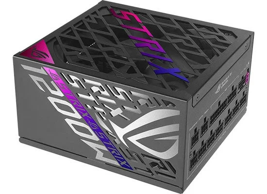 ROG-STRIX-1200P-GAMING-E 電源ユニットの斜め外観。STRIXロゴ入り