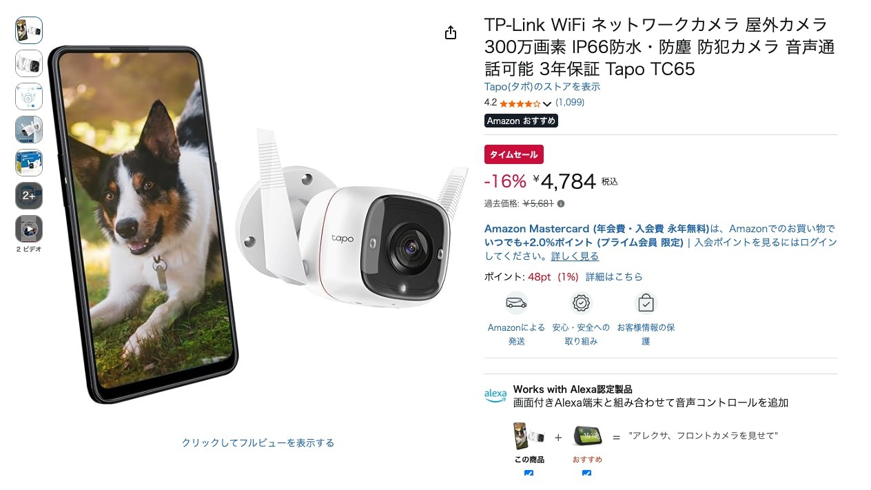 TP-Link WiFi ネットワークカメラ 屋外カメラ 300万画素 IP66防水・防塵 防犯カメラ 音声通話可能 3年保証 Tapo TC65