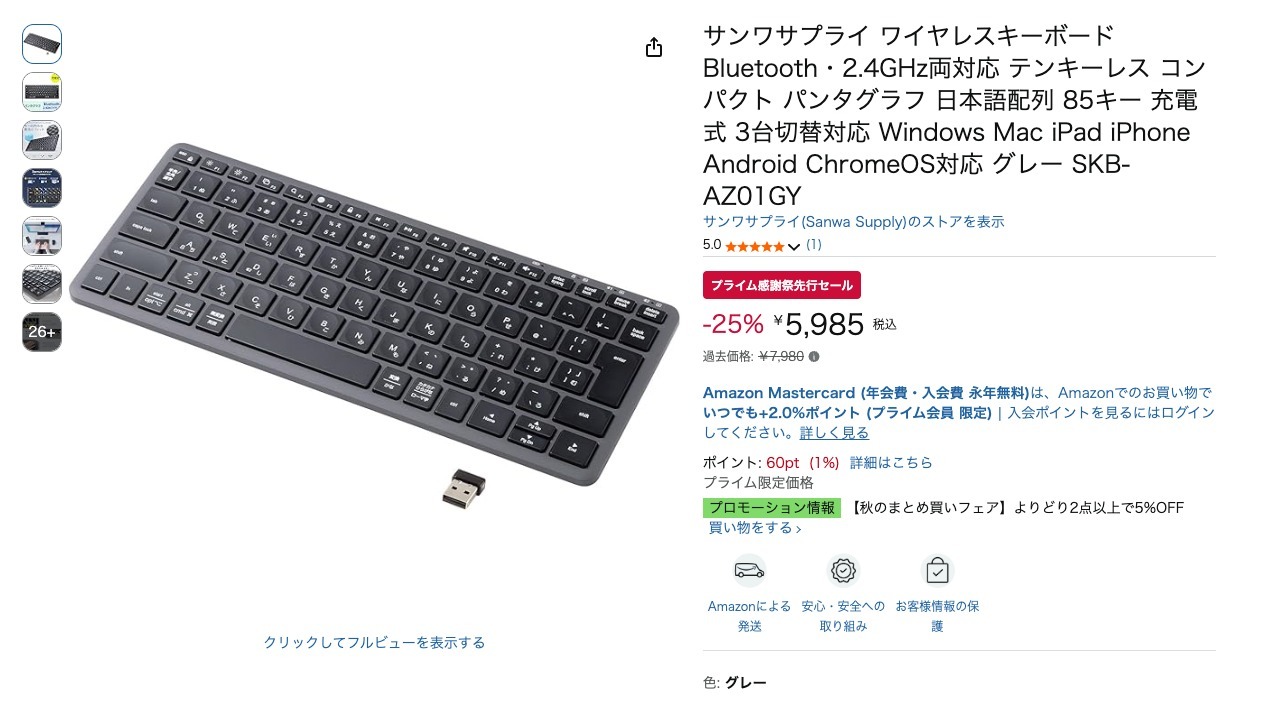 サンワサプライ ワイヤレスキーボード Bluetooth・2.4GHz両対応 テンキーレス コンパクト パンタグラフ 日本語配列 85キー 充電式 3台切替対応 Windows Mac iPad iPhone Android ChromeOS対応 グレー SKB-AZ01GY